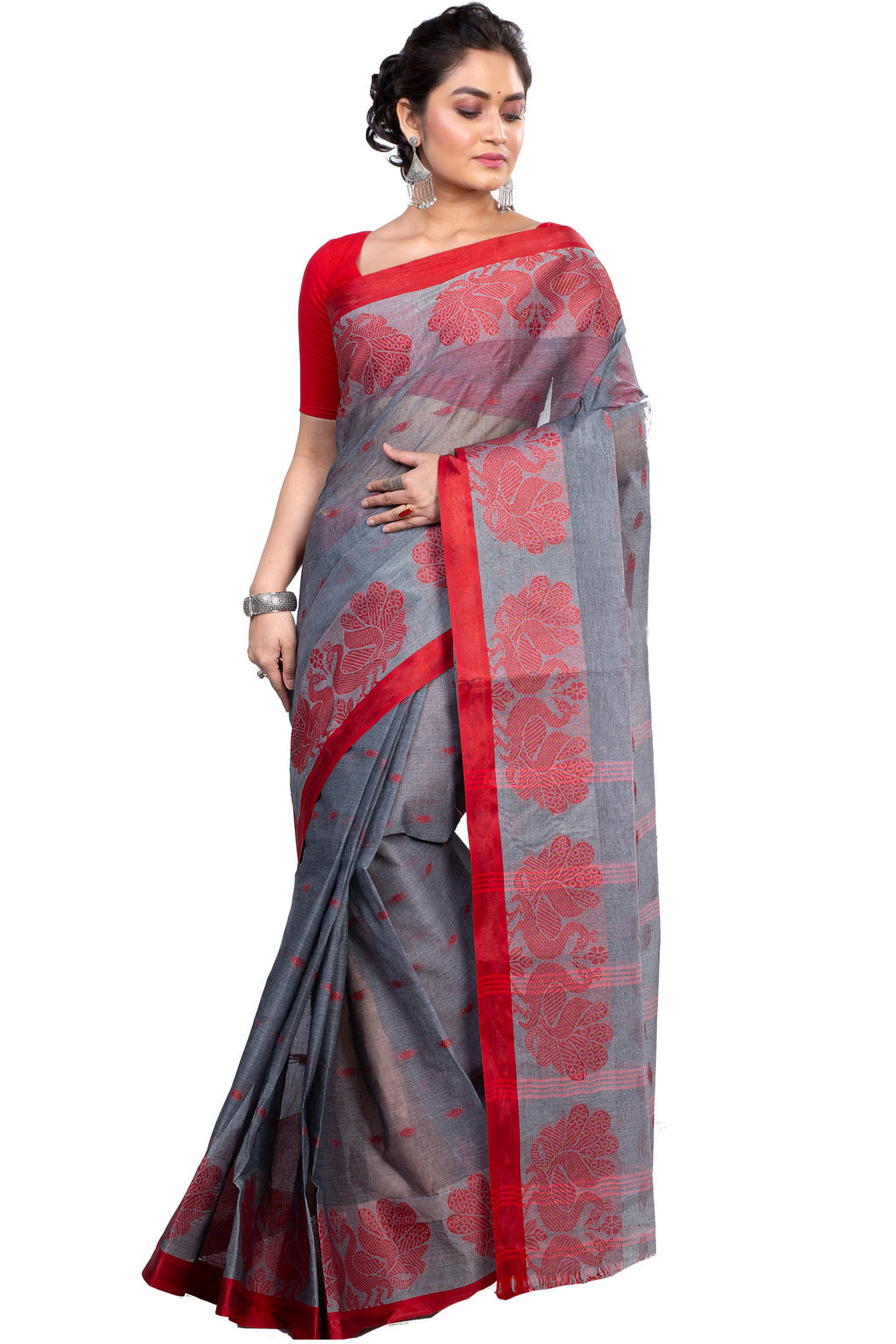 Gray Pure Cotton MOYUR PAR Tant Saree (904)
